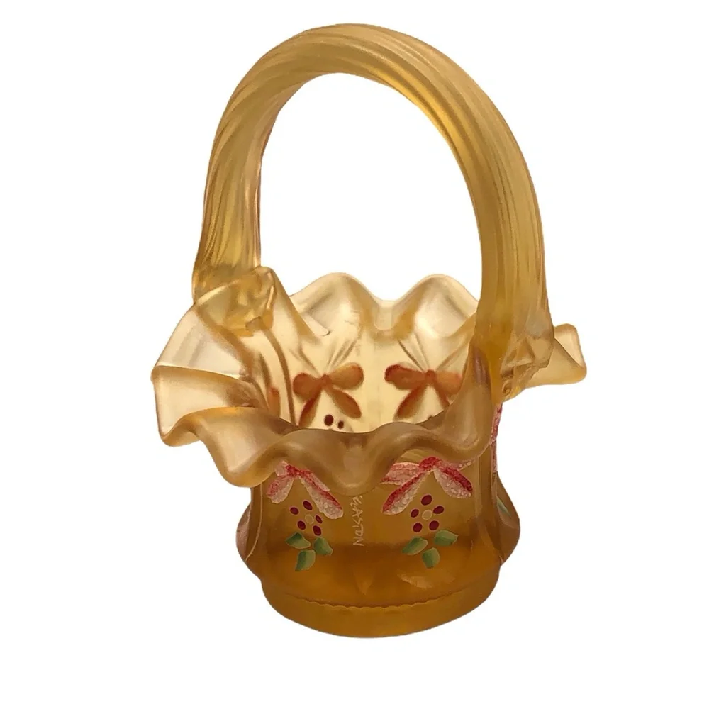 FENTON AMBER GLASS CHRISTMAS BOWS & HOLLY MINI BASKET 2